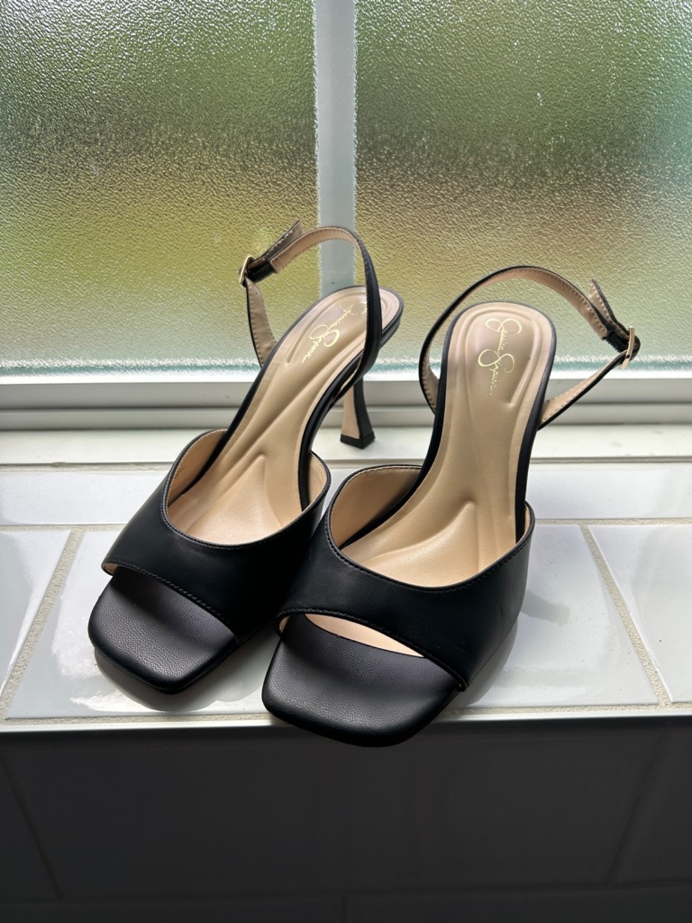 Jessica Simpson Black Open-Toe Slingback Heels